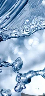 Close-up of water droplets splashing dynamically on a blue background.