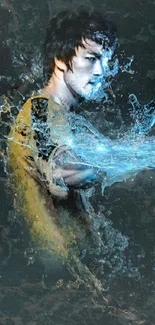 Martial artist with blue water effects background wallpaper.