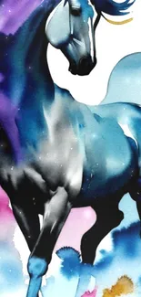 Dynamic watercolor horse with vibrant hues of blue and purple.