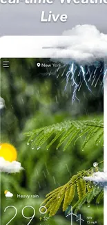 Mobile wallpaper showing real-time weather effects with clouds and lightning.