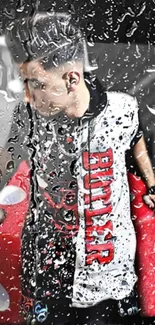 Young man behind rain-specked glass in vibrant colors.