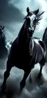 Dynamic black horses galloping in a storm with lightning.