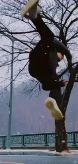 Acrobatic jump in snowy urban landscape with leafless tree.