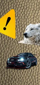 Wallpaper with a wolf, car, and caution sign on a textured background.