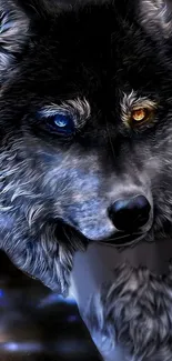 Fantasy wolf wallpaper with blue and amber eyes, featuring a dark gray fur design.