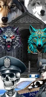 Vibrant wolves and law enforcement theme illustrated wallpaper.