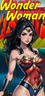 Wonder Woman vibrant art mobile wallpaper with superhero theme.