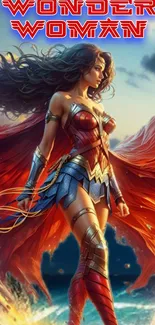 Wonder Woman in vibrant red armor with dynamic cape and sky background.