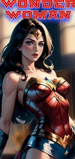 Illustrated Wonder Woman in vibrant suit.