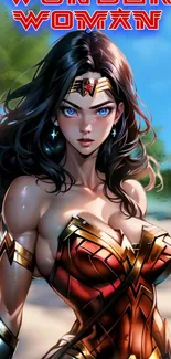 Dynamic Wonder Woman artwork with vibrant colors for mobile wallpaper.