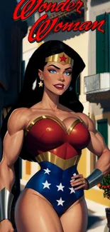 Wonder Woman illustration in vibrant colors against a cityscape backdrop.