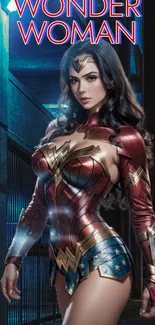 Wonder Woman in a powerful pose on a dynamic wallpaper.