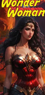 Wonder Woman in a vibrant outfit with fiery background.