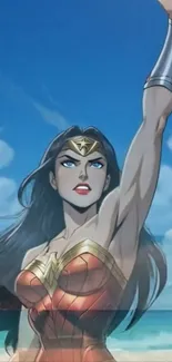 Animated Wonder Woman raising arm on a beach.
