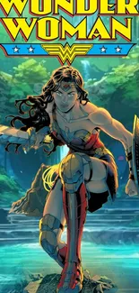 Wonder Woman in action with a shield and sword, set in a vibrant forest background.