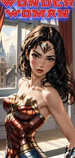 Wonder Woman in an artistic comic style with a vibrant red background.