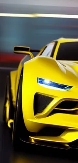 Dynamic yellow racing car with blurred background, conveying speed.