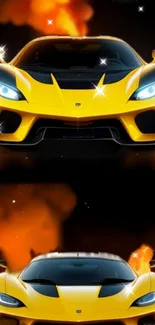 Yellow sports car with fiery backdrop and shining headlights.