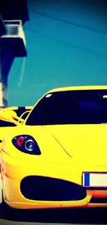 Vibrant yellow sports car in contrasting light settings.