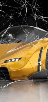 Yellow sports car with cracked glass effect on a mobile wallpaper.