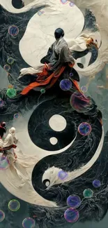 Dynamic Yin Yang design with bubbles and robed figures.