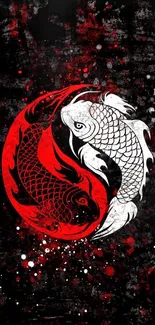 Yin yang design with red and white Koi fish on a black background.