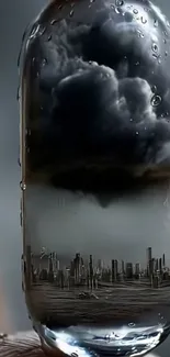 Dystopian cityscape in raindrop with clouds.