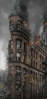 Dystopian cityscape with burning skyscrapers and smoky dark sky.