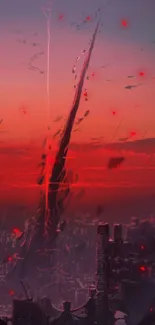 Dystopian city with red sunset and shadowy skyline.