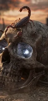 A skull with a scorpion in a dystopian setting, perfect for dark-themed wallpapers.