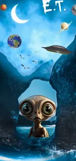 E.T. alien in a cosmic landscape wallpaper with planets and spaceships.