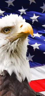 Bald eagle with American flag background, showcasing patriotism and freedom.