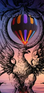 Fantasy eagle with a vibrant balloon in surreal art.