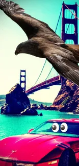 Eagle flying over Golden Gate Bridge with red car below.