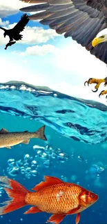 Eagle soaring over blue ocean with fish swimming below.