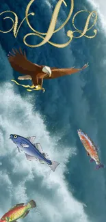 Eagle flying over waterfall with colorful fish.