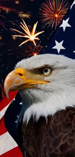 Bald eagle with American flag and fireworks background.