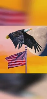 Eagle flies near moon with American flag below.