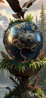 Eagle perched on a glowing globe in a lush forest scene.