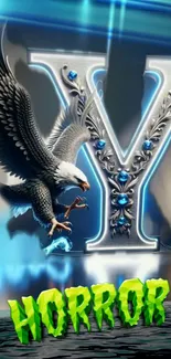 Eagle soaring near gothic letter Y in vibrant horror art.