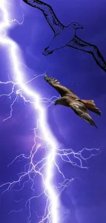 Eagle soaring in purple stormy sky with lightning.