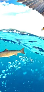 Eagle flying above ocean with fish visible underwater.