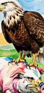 Artistic wallpaper with eagle perched on a colored pig, set in nature.