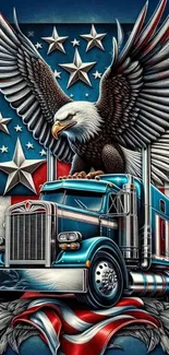 Eagle perched on truck with American flag