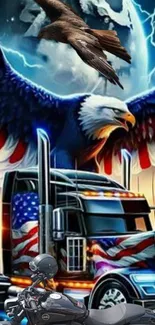 Eagle soaring over a patriotic truck with dramatic clouds.