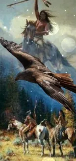 Eagle soaring over native warriors in forest scene wallpaper.