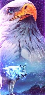 Majestic eagle and wolf mobile wallpaper with a nature theme.