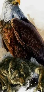 Artwork of an eagle and wolf in rich brown tones for mobile wallpaper.