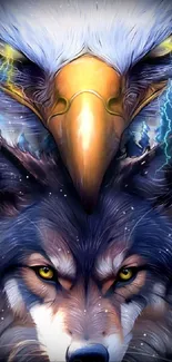 Eagle and wolf with lightning background on mobile wallpaper.