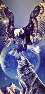 Majestic eagle soaring over a howling wolf under a moonlit sky on a mobile wallpaper.